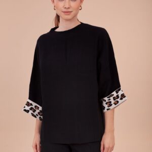 jersey negro de puños de estampado leopardo anna mora