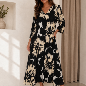 vestido brunella largo estampado negro y beige con mangas